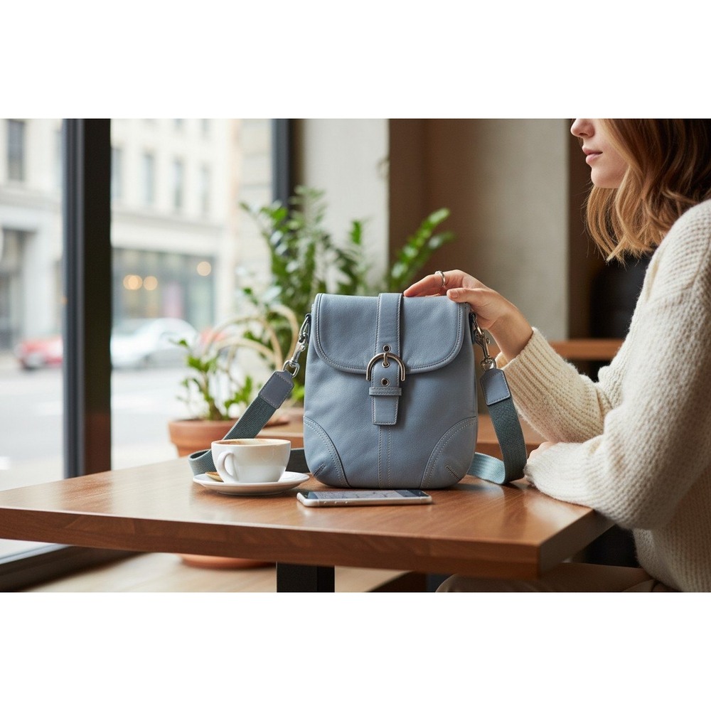 Coach Crossbody Bag Womens Light Blue Leather Buckle Flap Small Messenger